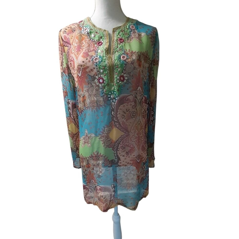 Saint Tropez West Notched Tunic Top Womens Size Large Multi Floral Long Sleeve